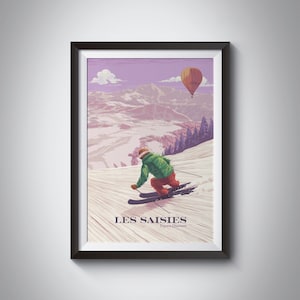 Les Saisies Ski Resort Poster, France, Espace Diamant, Hauteluce, French Alps, Savoie, Albertville, Vintage Travel Print, Snowboarding Art