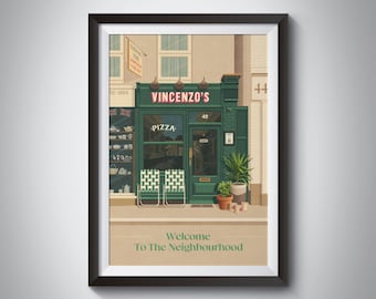 Vincenzos Bushey Poster, Pizza, Pizzeria, Hertfordshire, London, Vintage Wandkunst, gerahmter Druck, Reiseposter, Watford, Architekturdruck