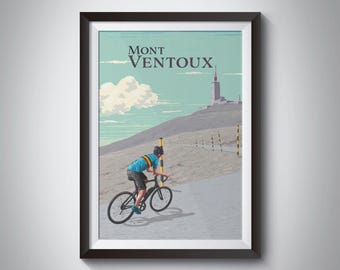 Mont Ventoux-fietsreisposter, Frankrijk, Provence, bergen, Tour de France, vintage reisafdruk, racefiets, fietsende Alpen, retro-kunstwerken