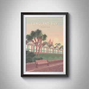 Langland Bay Swansea Seaside Travel Poster, Gower Surfing, South Wales, Beach Huts, Welsh Wall Art, Rotherslade Bay, Newton, Mumbles, Framed