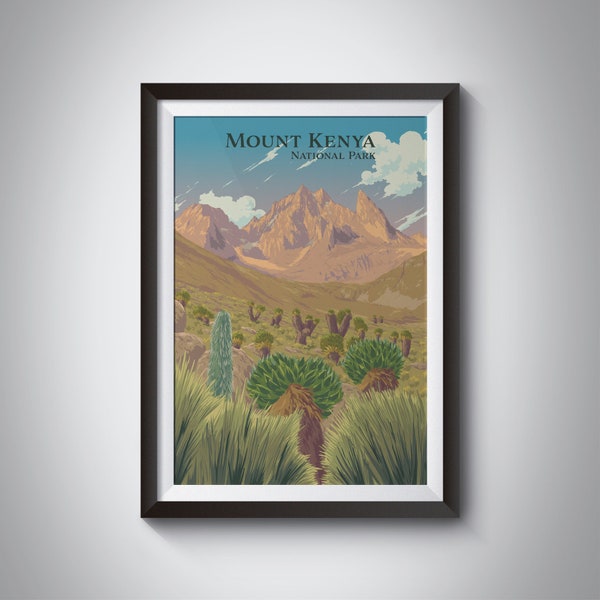 Mount Kenya Poster, National Park Print, Kenia Travel Poster, Africa Art Gift Illustratie, Afrikaanse Safari, Kilimanjaro, Hiking Trek Print