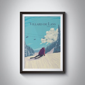 Cartel de la estación de esquí de Villard de Lans, Francia, Macizo de Vercors, Alpes franceses, Impresión de viaje vintage, Arte de esquí retro, Snowboard, Enmarcado, Grenoble