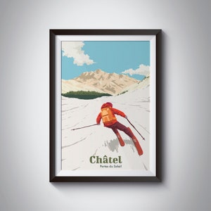 Cartel de la estación de esquí de Chatel, Portes du Soleil, Morzine, Avoriaz, Les Gets, Impresión de esquí, Alpes franceses, Vintage, Retro, Esquiador, Regalo de esquí, Arte