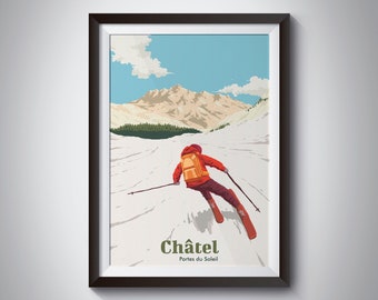 Chatel Ski Resort Poster, Portes du Soleil, Morzine, Avoriaz, Les Gets, Skiing Print, French Alps, Vintage, Retro, Skier, Skiing Gift, Art