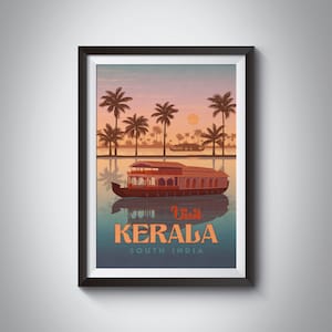Kerala Travel Poster, South India, Alleppey, House Boat, Alappuzha Backwaters, Fort Kochi, India Travel Poster, Indian Gift, Holiday, Goa