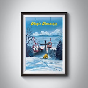 Magic Mountain Vermont Ski Resort Travel Poster, Snowboarding, USA Ski Gift, Glebe Mountain, Stowe, Stratton, Bromley, Vintage Print, Framed