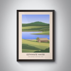 Esthwaite Water Travel Poster, Lake District National Park, Lancashire, Cumbria, Windermere, Coniston Water, Vintage Travel Print, Hiking UK