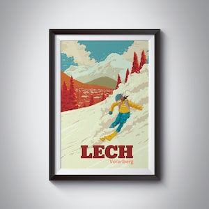 Poster della stazione sciistica di Lech, stampa di sci in Austria, Vorarlberg, Zürs, Warth-Schröcken, Alpi, vintage, retrò, St Anton, montagne, stagionale, arte