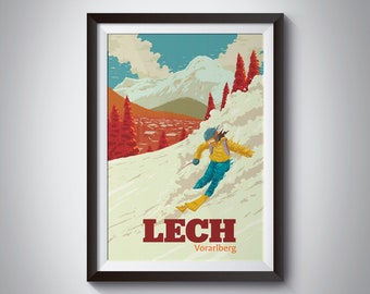 Lech Ski Resort Poster, Austria Skiing Print, Vorarlberg, Zürs, Warth-Schröcken, Alps, Vintage, Retro, St Anton, Mountains, Seasonaire, Art