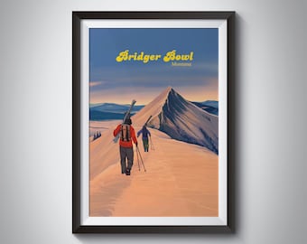 Bridger Bowl Ski Resort Poster, Montana USA,  Bridger Range, Rocky Mountains, Vintage Ski Resort Print, Retro Wall Art, Framed Artwork, Gift
