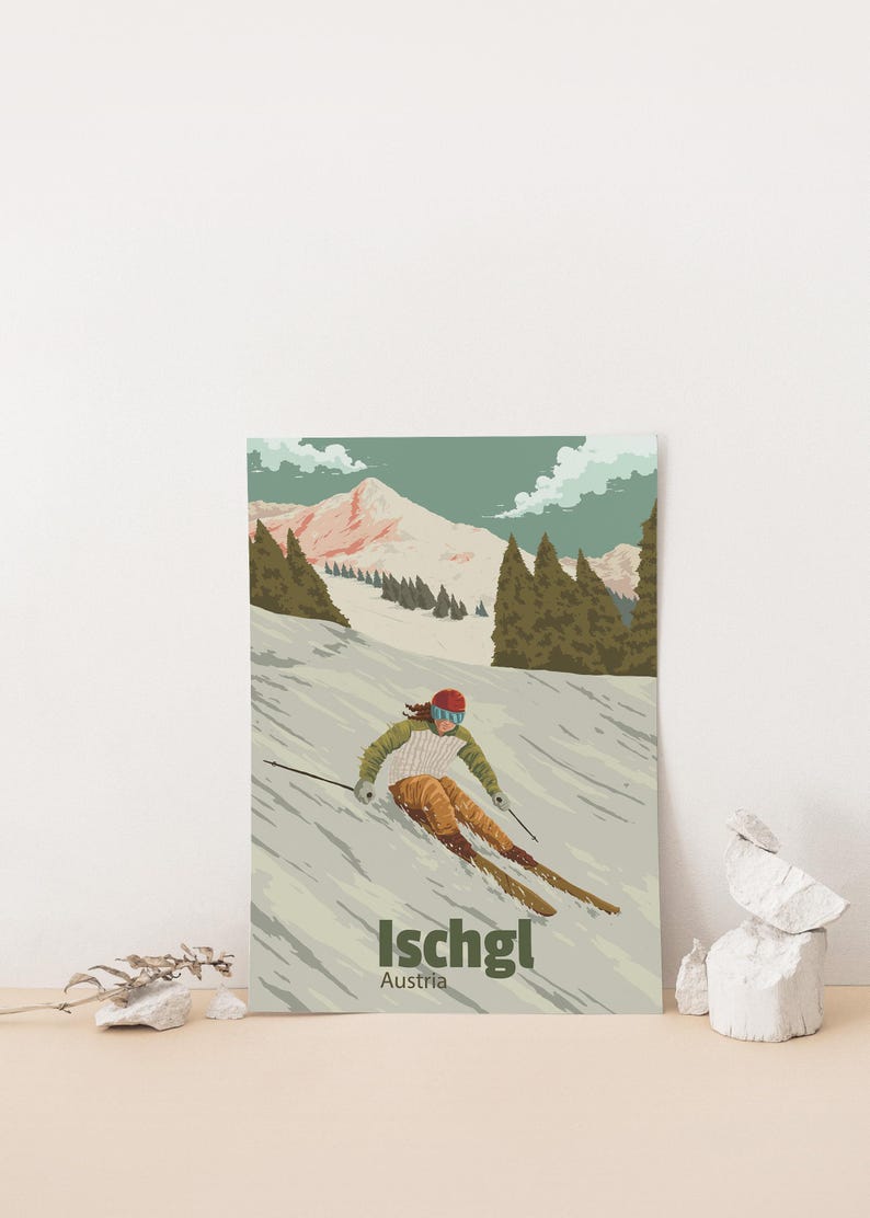 Póster de la estación de esquí de Ischgl, impresión de viaje a Austria, valle de Paznaun, snowboard, San Antón, temporada de esquí, Tirol, arte vintage de esquí, regalo de esquí imagen 2