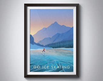 Go Ice Skating Print, vintage Travel Poster, Hobbies, Mountains, Figure Skating Artwork, Winter Sports, Outdoor Activities, Ice Skating Rink