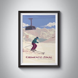 Grimentz-Zinal Ski Resort Poster, Schweiz, Val d&#39;Anniviers, Bec de Bosson, Zermatt, Alpen, Vintage Travel Print, Snowboarding, Retro Art