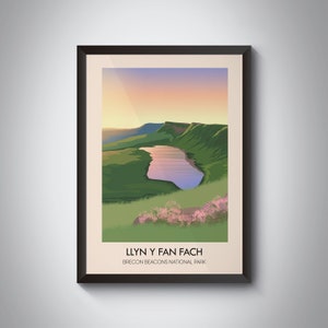 Llyn y Fan Fach Brecon Beacons National Park Wales Travel Poster, Lake, Black Mountain, Carmarthenshire, South Wales, Picws Du, Waun Lefrith