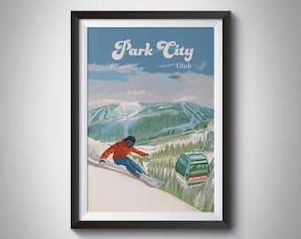 Póster de la estación de esquí de Park City, Utah, impresión de esquí, póster de viaje a Utah, arte de parques nacionales, Snowbird, Salt Lake City, Deer Valley Resort, vintage