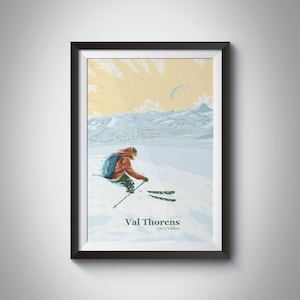 Val Thorens poster, skigebied print, retro, vintage, drie valleien, Meribel, Courchevel, Orelle, skiën, kunst aan de muur, snowboard, kunst, Morzine