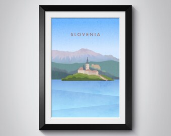 Slovenia Minimal Travel Poster, Minimalist Wall Art, Retro Travel Print, Lake Bled, Eastern Europe Artwork, Scandi Home Decor, Framed Print