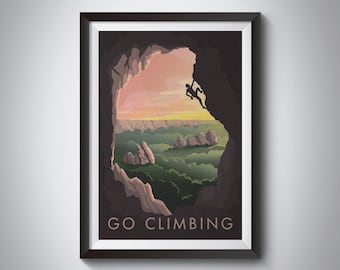 Go Climbing Art Print, Rock Climbing, Bouldering, Outdoor Adventure, Vintage Travel Poster, Wall Art Print Gift, Hiking, Nature, Mountains