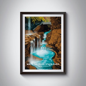 Cartel del parque estatal Watkins Glen, Nueva York, lago Seneca, sendero Gorge, cartel de viaje, arte retro, impresión del parque nacional, lagos Finger, Canandaigua
