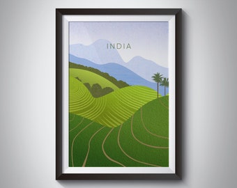 India Minimal Travel Poster, Munnar, Tea Plantations, Kerala, Goa, Indian Wall Art, India Nature, Framed Wall Art Print, Western Ghats