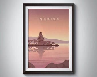 Indonesia Minimal Travel Poster, Bali Travel Print, Ulun Danu Bratan Temple, Hindu Floating Temple, Wall Art Gift, Framed, Lake Bratan
