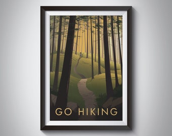 Go Hiking Art Print, Thru Hike, Outdoor Adventure, Vintage Travel Poster, Wall Art Print Gift, Camping, Nature, Mountains, Climbing, Trail