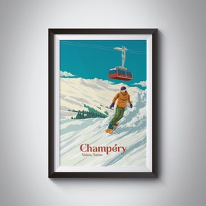 Champery Snowboarding Poster, Swiss Alps, Switzerland Travel, Portes du Soleil, Morgins, Morzine, Vintage Ski Resort Print, Skiing Gift