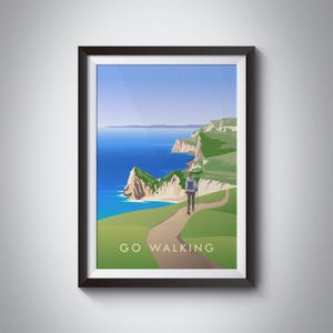 Cartaz de viagem Go Walking, Impressão de trilha, Arte de caminhada costeira, Cornualha, Dorset, Impressão de arte de parede de Devon, Caminho costeiro, Hobbies ao ar livre, Arte emoldurada