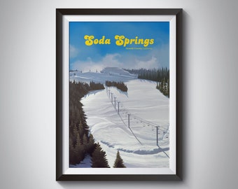 Soda Springs Ski Resort Poster, California USA, Vintage Travel Print, Snowboarding, Sugar Bowl, Lake Tahoe, Sierra Nevada, Donner Pass, Gift