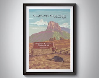 Guadalupe Mountains National Park Poster, Texas, El Paso, USA Reisedruck, El Capitan, Retro Wandkunst, Amerikanischer Nationalpark Druck, Geschenk