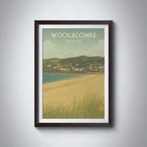 Cartel de viaje de Woolacombe Devon, Devon Seaside Print, regalo de arte de pared, costa norte de Devon, cartel de viaje vintage, Ilfracombe, dunas de arena Inglaterra