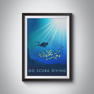 Go Scuba Diving Print, Scuba Diver Travel Poster, Deep Sea Diving Art, Gift for Scuba Diver, Adventure Sports, Snorkelling, Ocean, Vintage