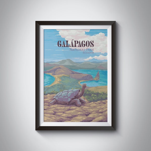 Galapagos National Park Poster, Ecuador, UNESCO, Galapagos Islands, Giant Tortoise, Vintage Travel Print, South America, Wildlife, Retro Art