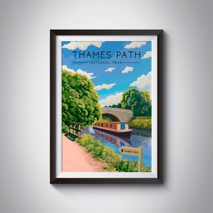 Thames Path National Trail Poster, Travel Print, River Thames, Hiking Gift, London, Richmond, Putney, Henley, Vintage Art, National Park