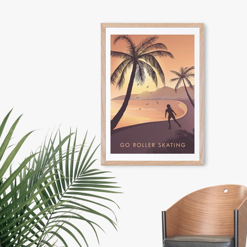 Go Roller Skating Art Print, Outdoor Hobbies, Roller Blading, Vintage Travel Poster, Outdoor Activities, Framed Print, Retro Skating Gift image 5