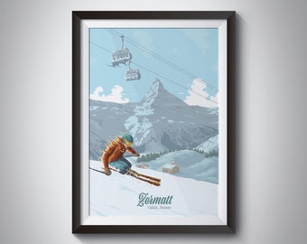 Zermatt Ski Resort Poster, Matterhorn Mountain Art, Valais, Switzerland, Swiss Skiing Print, Alps, Vintage Retro Travel Poster, Verbier