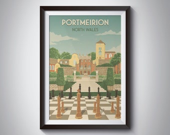 Portmeirion Travel Poster, Gwynedd North Wales, Seaside Print, Welsh Travel Poster, Wall Art Print, Portmeirion Village, Castell Deudraeth