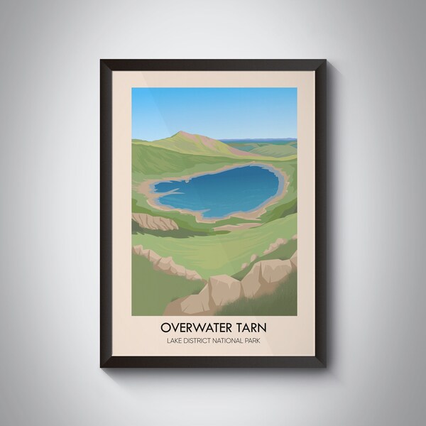 Overwater Tarn Travel Poster, Lake District National Park, Cumbria, Skiddaw Fells, Vintage Travel Print, Bassenthwaite Lake, Over Water Lake