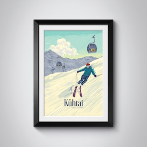 Poster della stazione sciistica di Kühtai, stampa di viaggio Tirolo Austria, arte murale degli sport invernali sulle Alpi austriache, stampa di montagne panoramiche, decorazione per sci e snowboard