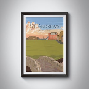 St Andrews Travel Poster, Scotland Wall Art, Golf Course, Swilcan Bridge, Golfing, Old Course, University, Links, Vintage, Framed Print