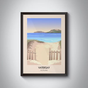 Póster de Vatersay, Escocia, Hébridas Exteriores, Caolas, Impresión de viaje vintage, Obra de arte de islas escocesas, Playas, Barra, Archipiélago, Impresión enmarcada