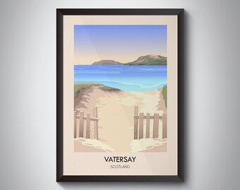 Vatersay-poster, Schotland, Buiten-Hebriden, Caolas, vintage reisafdruk, Schotse eilandkunst, stranden, Barra, archipel, ingelijste print