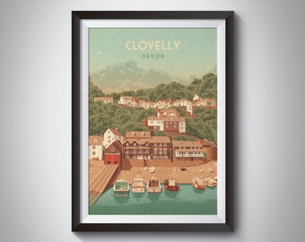 Cartel de viaje de Clovelly Devon Seaside, Torridge, Bideford, impresión de viaje enmarcada, regalo de arte de pared, burros Clovelly, Hartland, vintage, ferrocarril