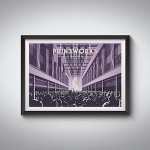 プリントワークス・ナイトクラブ・ロンドンのポスター、カナダ・ウォーター、音楽会場、ギグポスター、ロンドン建築、旅行ポスター、ファブリック、ミニストリー・オブ・サウンド