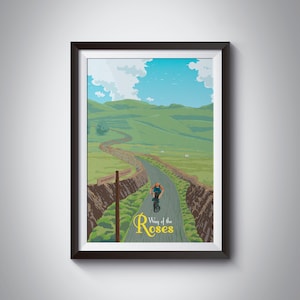 Póster de ciclismo Way of the Roses, impresión de viaje, ruta ciclista, bicicleta, Yorkshire, Lancashire, Morecambe, Bridlington, Lancaster, John OGroats