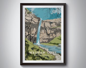 Malham Cove Travel Poster, North Yorkshire Art Print, Yorkshire Dales National Park, Janets Foss, Gordale Scar, Wall Art Decor, Vintage