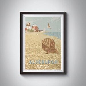 Aldeburgh Suffolk Travel Poster, Seaside Print, Clam Shell, Lighthouse, Beach Huts, Wall Art, Gift, Seafront, Retro, Vintage Railway Print