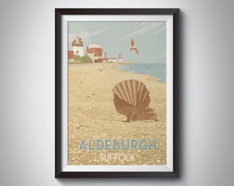 Aldeburgh Suffolk Travel Poster, Seaside Print, Clam Shell, Lighthouse, Beach Huts, Wall Art, Gift, Seafront, Retro, Vintage Railway Print