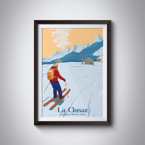 La Clusaz Ski Resort Poster, Skiing Print, French Alps, France, Vintage Ski Art, Snowboarding, Mountains, Winter Sport, Skier, Retro, Savoie