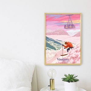 Vaujany Ski Resort Poster, French Alps, France, Vintage Skiing Print, Snowboarding, Isere, Gift Skier, Alpe d'Huez, Oz, Ski Wall Art Decor image 3